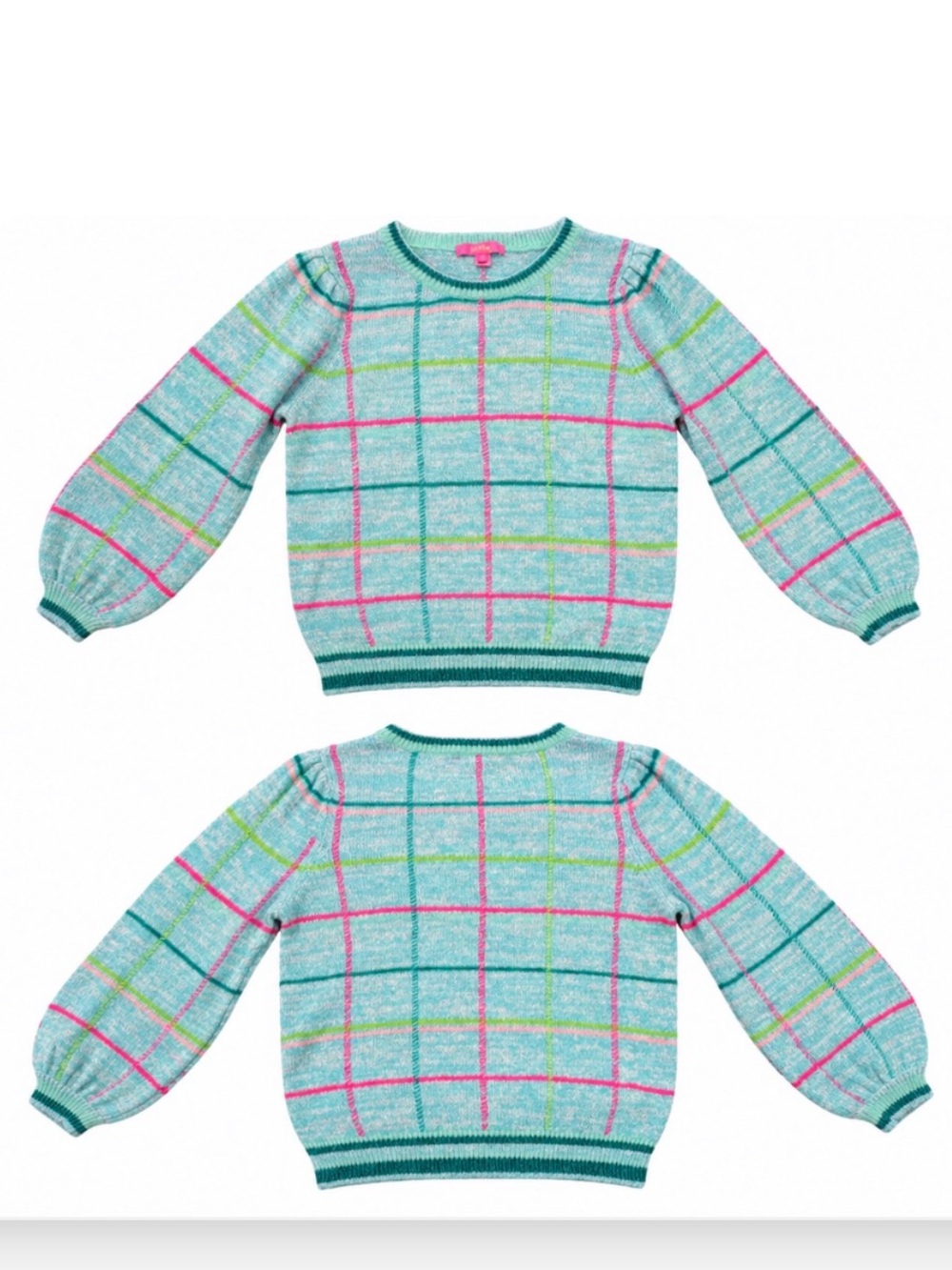Lilly Pulitzer Light Blue Plaid Crewneck Sweater with Pink & Lime Accents